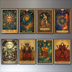 May include: A set of eight rectangular tarot cards featuring ornate borders and detailed illustrations. The cards are titled The Sun, The Chaos, Strength, The Wheel of Fortune, The Moon, The Emperor, The Magician, and The Empress, each displaying vibrant colours and symbolic imagery.