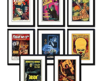 May include: A collection of eight framed horror movie posters featuring iconic characters and titles including Scream, Friday the 13th, Halloween, Pennywise, and The Texas Chain Saw Massacre, all displayed in black frames with white matting.