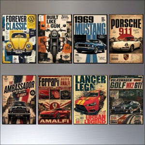 May include: A set of eight rectangular metal signs featuring vintage automotive themes. The designs include a yellow Volkswagen Beetle, a Royal Enfield motorcycle, a blue Ford Mustang, a white Porsche 911, a black Ambassador, a red Ferrari, a red Mitsubishi Lancer, and a green Volkswagen Golf.