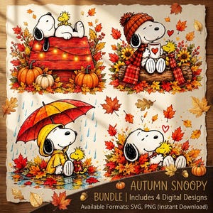 May include: A digital illustration sheet featuring four Snoopy and Woodstock scenes with autumn themes, including pumpkins, fall leaves, a red doghouse with string lights, a plaid scarf, a mug, a yellow raincoat, and an umbrella, with the text AUTUMN SNOOPY BUNDLE.