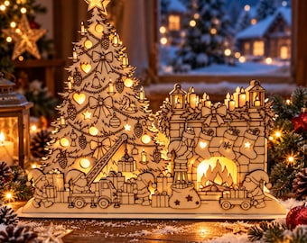 May include: A light-up wooden Christmas decoration featuring a laser-cut tree adorned with ornaments, bows, and a star topper, alongside a fireplace with hanging stockings, a crane truck, gift boxes, and small gnome figures.