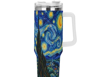 Starry Night Tumbler, Personalized 40oz Stainless Steel Travel Mug with Handle and Straw