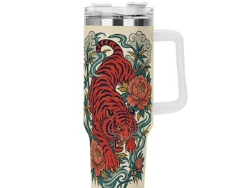 Tiger Tumbler, Travel Mug, Personalized 40oz Stainless Steel Tumbler With White Handle and Straw (Free Shipping and Shipped in US)