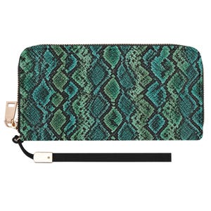 May include: A rectangular wallet featuring a vibrant teal and forest green snakeskin pattern. The wallet includes a gold-toned metal zip closure and a detachable black wrist strap with a gold-toned metal accent piece at the connection point.