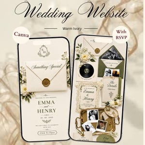 May include: Two smartphones displaying a warm ivory wedding website template. The screens feature floral accents, an envelope with a wax seal, photos of a couple, a vinyl record, and text including "Wedding Website," "Emma and Henry," and "Click To Open."