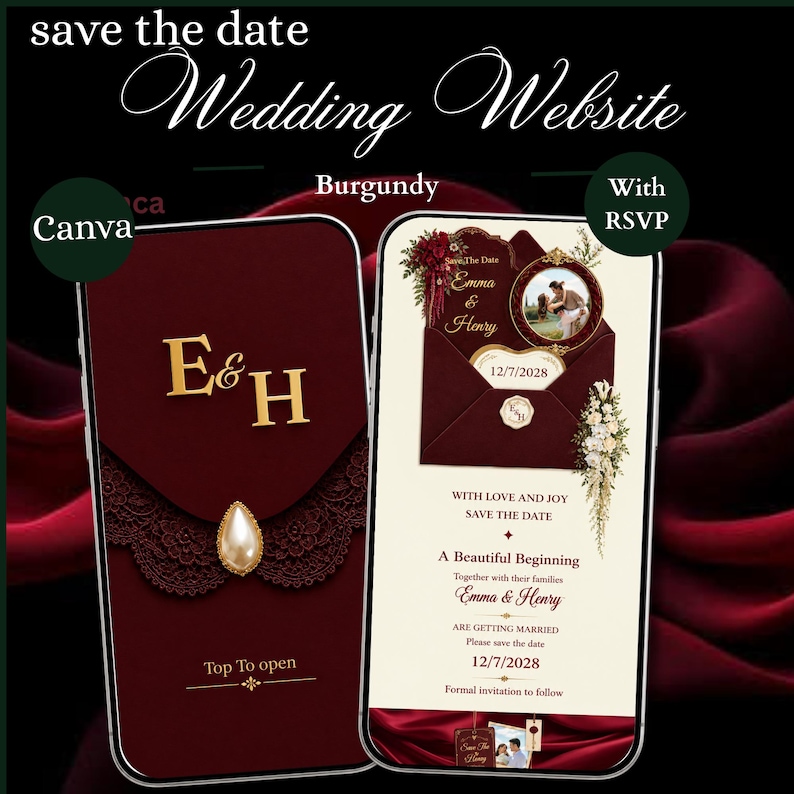 Burgundy Save the Date Wedding Website Template | Canva Digital ...