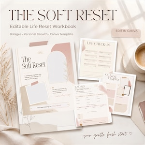 Puede incluir: Una plantilla de libro de trabajo editable de 8 páginas para el reinicio de vida titulada The Soft Reset, con formas abstractas en beige y rosa, arte lineal floral y secciones para chequeos de vida, establecimiento de metas y crecimiento.