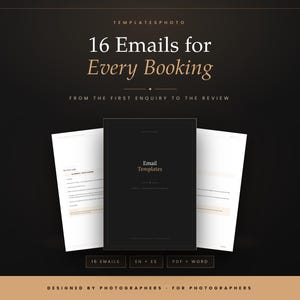 Puede incluir: Una presentación de producto digital con 16 Emails for Every Booking, From the First Enquiry to the Review. La portada negra central dice Email Templates, flanqueada por dos páginas blancas. Las etiquetas inferiores indican 16 EMAILS, EN + ES, PDF + WORD.