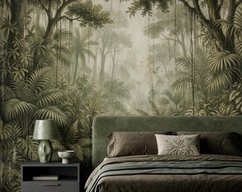 Vintage Tropical Jungle Wallpaper Mural in Muted Green, Large Scale Rainforest Wall Art, Moody Botanical Nature Decor, Boho Forest Mural
