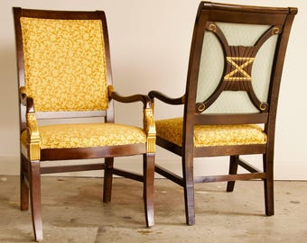 Empire Style Hand-Carved Armchairs With Contrasting Fabrics, Gold Accents, Made in Usa by Shelby Williams