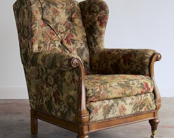 Lillian August for Drexel Heritage Tufted Wingback Chair With Scroll Arms and Brass Casters