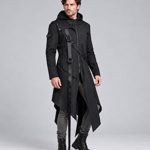 Men’s Gothic Cyberpunk Hooded Coat | Steampunk Cosplay Jacket | Asymmetric Long Trench Costume