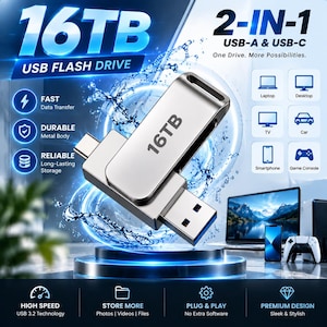 Può includere: Una chiavetta USB 2-in-1 da 16TB color argento con connettori USB-A e USB-C. Il dispositivo metallico è mostrato su uno sfondo blu con grafiche di schizzi d'acqua, etichette per il trasferimento dati e icone di compatibilità dei dispositivi.