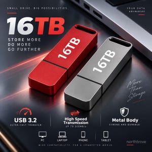 Puede incluir: Dos unidades flash USB rectangulares en rojo y plata, cada una etiquetada como 16TB. El texto dice: Small drive, big possibilities, your data anywhere, store more do more go further, USB 3.2, high speed transmission up to 300MB/s, metal body y northtrove.