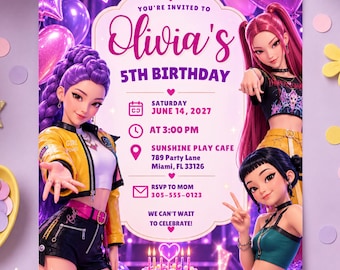 Invitation d'anniversaire K-Pop pour fille, invitation d'anniversaire de star de la pop, invitation pour une fête violette fluo, modèle Canva modifiable, invitation numérique 5x7