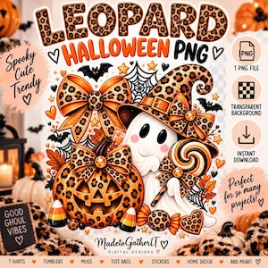 Può includere: Una grafica digitale con il testo LEOPARD HALLOWEEN PNG, un fantasma con cappello da strega leopardato, una zucca leopardata, un fiocco, un lecca-lecca, caramelle, pipistrelli e ragnatele. Include icone per PNG, sfondo trasparente e download immediato.