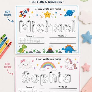 Puede incluir: Un paquete de hojas de trabajo para practicar la escritura de nombres con dos páginas imprimibles. La página superior muestra un tema de espacio y dinosaurios con el nombre Michael. La página inferior muestra un tema de unicornio y arcoíris con el nombre Sophia.