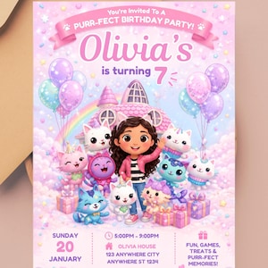 Puede incluir: Una invitación de cumpleaños con una niña de dibujos animados con orejas de gato, rodeada de gatitos coloridos, globos y un castillo rosa. Texto: You're Invited To A PURR-FECT BIRTHDAY PARTY! Olivia's is turning 7, Sunday 20 January, 5:00PM-9:00PM, OLIVIA HOUSE 123 ANYWHERE CITY ANYWHERE ST 1234, FUN, GAMES, TREATS & PURR-FECT MEMORIES! RSVP TO MOM AT +123-456-7890!