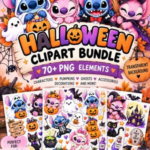 Cute Halloween Clipart Bundle, 70+ PNG, Spooky Halloween Characters, Pumpkin Ghost Witch Clipart, Halloween Digital Download