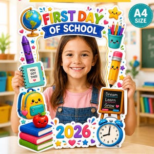 Può includere: Una cornice portafoto stampabile in formato A4 per il primo giorno di scuola con illustrazioni colorate di un mappamondo, matite, uno zaino, libri, una mela e un orologio. La cornice include il testo "FIRST DAY OF SCHOOL" e "2026".