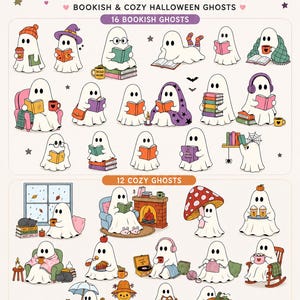 Può includere: Una collezione digitale di 28 file PNG intitolata 28 PNG BUNDLE CUTE GHOST PNG BUNDLE BOOKISH & COZY HALLOWEEN GHOSTS. Il set presenta varie illustrazioni di fantasmi bianchi impegnati a leggere libri, bere caffè e svolgere compiti stagionali.