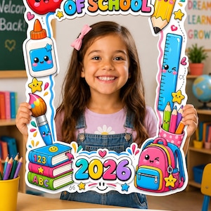 Può includere: Una cornice portafoto stampabile con il testo FIRST DAY OF SCHOOL e 2026. La cornice è decorata con colorate illustrazioni a cartoni animati di una mela, matita, colla, righello, pennello, libri e uno zaino con faccine simpatiche.