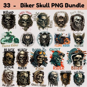 May include: A digital collection of 33 biker skull PNG graphics featuring various illustrations of skulls with beards, helmets, goggles, and motorcycles. The text includes phrases like Biker Skull PNG Bundle, Hell Yeah, Born To Ride, Flame Rider, Sky Warrior, Black Rock, Ghost Rider, and Hell Rider.
