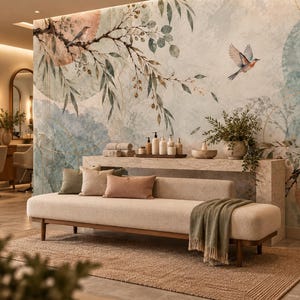 Nature Bird Peel and Stick Wallpaper, Botanical Floral Removable Wall Mural