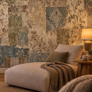 May include: A wall covered in patchwork wallpaper featuring a mix of blue, green, and beige floral and damask patterns. The room includes a beige chaise lounge with a brown throw blanket, a wooden side table, a lamp, and a woven basket.