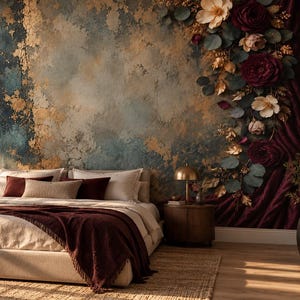 Gold Teal Patina Wallpaper, Burgundy Floral Wall Mural, Luxury Peel and Stick Wallpaper