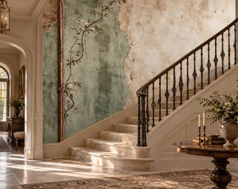 May include: A wall mural featuring a distressed, textured finish in shades of sage green and cream, accented by a climbing vine illustration. The mural is positioned behind a staircase with a dark metal railing and light-colored stone steps.