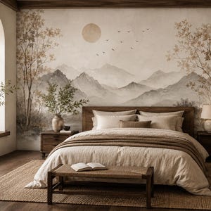 May include: A bedroom featuring a large wall mural depicting a landscape with mountains, trees, and a sun. The room includes a wooden bed frame with beige bedding, two wooden nightstands with lamps, a woven bench, and a jute area rug.