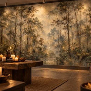 May include: A large wall mural depicting a misty forest scene with tall trees and soft golden light, displayed in a room featuring a wooden table, shelves with various candles, and a dark tiled floor, creating a calm and dimly lit atmosphere.