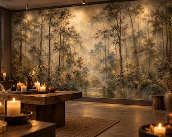 Könnte beinhalten: Ein großes Wandbild, das eine neblige Waldszene mit hohen Bäumen und weichem goldenen Licht zeigt, in einem Raum mit einem Holztisch, Regalen mit verschiedenen Kerzen und einem dunklen Fliesenboden, was eine ruhige und gedimmte Atmosphäre schafft.
