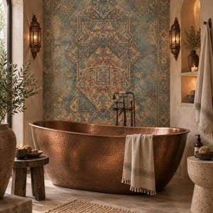 May include: A freestanding, oval-shaped hammered copper bathtub with a metallic finish. The tub features a dark bronze faucet assembly mounted on the wall behind it. A beige, fringed cotton towel is draped over the side of the copper basin.