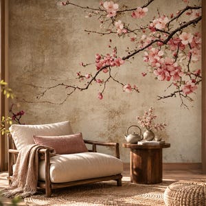 以下が含まれることがあります： 質感のあるベージュの背景に、ピンクの花を咲かせた桜の枝が広がる壁画。木製の肘掛け椅子にはピンクのクッションとブランケットが置かれ、丸い木製のサイドテーブルと陶器のティーポットが配置されている。