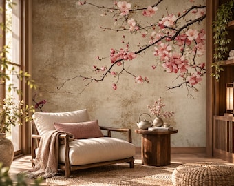 Papel pintado de flores de cerezo, mural de pared vintage de ramas de sakura, papel pintado rosa floral autoadhesivo.