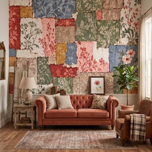 May include: A wall covered in patchwork wallpaper featuring various floral and botanical patterns in shades of red, blue, green, and beige. A tufted rust-coloured sofa sits in front of the wall, accompanied by a wooden side table and a leather armchair.