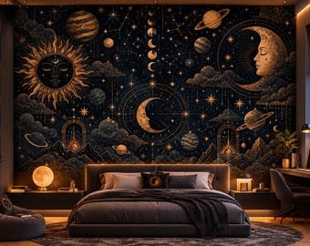 Celestial Sun Moon Wall Mural, Gold Navy Astrology Peel and Stick Wallpaper (Boho Whimsigoth)