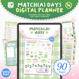 May include: A digital planner titled Match(a) Days featuring a green and white checkered background. The interface displays a sticker sheet with tea cups, flowers, and numbers, alongside a 90-page count indicator and navigation buttons for monthly, daily, and habit tracking.