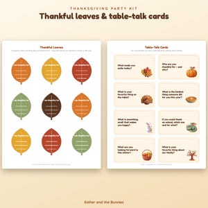 May include: A Thanksgiving party kit featuring two printable sheets. The left sheet displays nine colorful leaf-shaped cutouts with the text I am thankful for. The right sheet contains eight rectangular table-talk cards with conversation prompts.