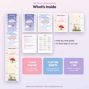 May include: A digital growth chart kit featuring a long poster, four letter-sized sheets, and twenty-one date tags. The designs include bunnies, rainbows, clouds, and mushrooms with measurements in inches and centimeters from 20 to 60 inches.