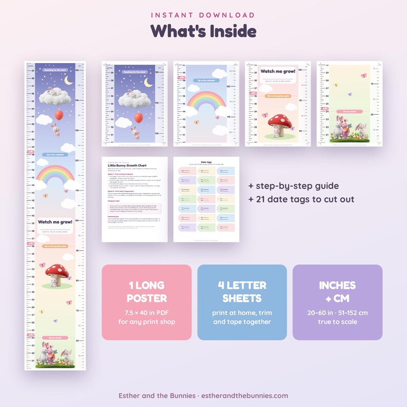 May include: A digital growth chart kit featuring a long poster, four letter-sized sheets, and twenty-one date tags. The designs include bunnies, rainbows, clouds, and mushrooms with measurements in inches and centimeters from 20 to 60 inches.