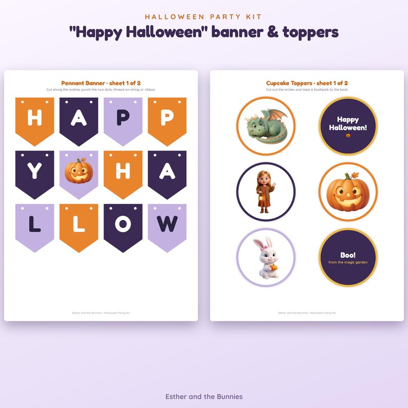 May include: A printable Halloween party kit featuring a pennant banner and cupcake toppers. The banner includes orange, purple, and dark blue flags with white letters spelling Happy Halloween and a pumpkin graphic. Toppers show a dragon, pumpkin, rabbit, and text.