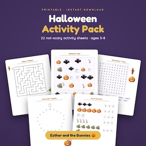 May include: A printable Halloween Activity Pack featuring 22 not-scary activity sheets for ages 3-8. The collection includes a maze, an I-Spy game, a word search, a dot-to-dot pumpkin, and a count and circle sheet by Esther and the Bunnies.