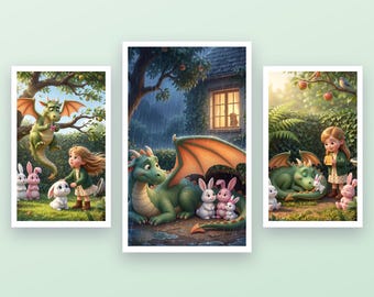 Dragon Wall Art Kids Room Set of 3, Cute Dragon Nursery Prints, Green Dragon and Bunnies Storybook Art, Digital Download