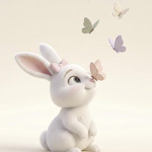 May include: A white rabbit with a small pink bow on its head, looking up at a light pink butterfly perched on its nose. Four additional butterflies in shades of pink, cream, sage green, and lavender are floating in the air above the rabbit.