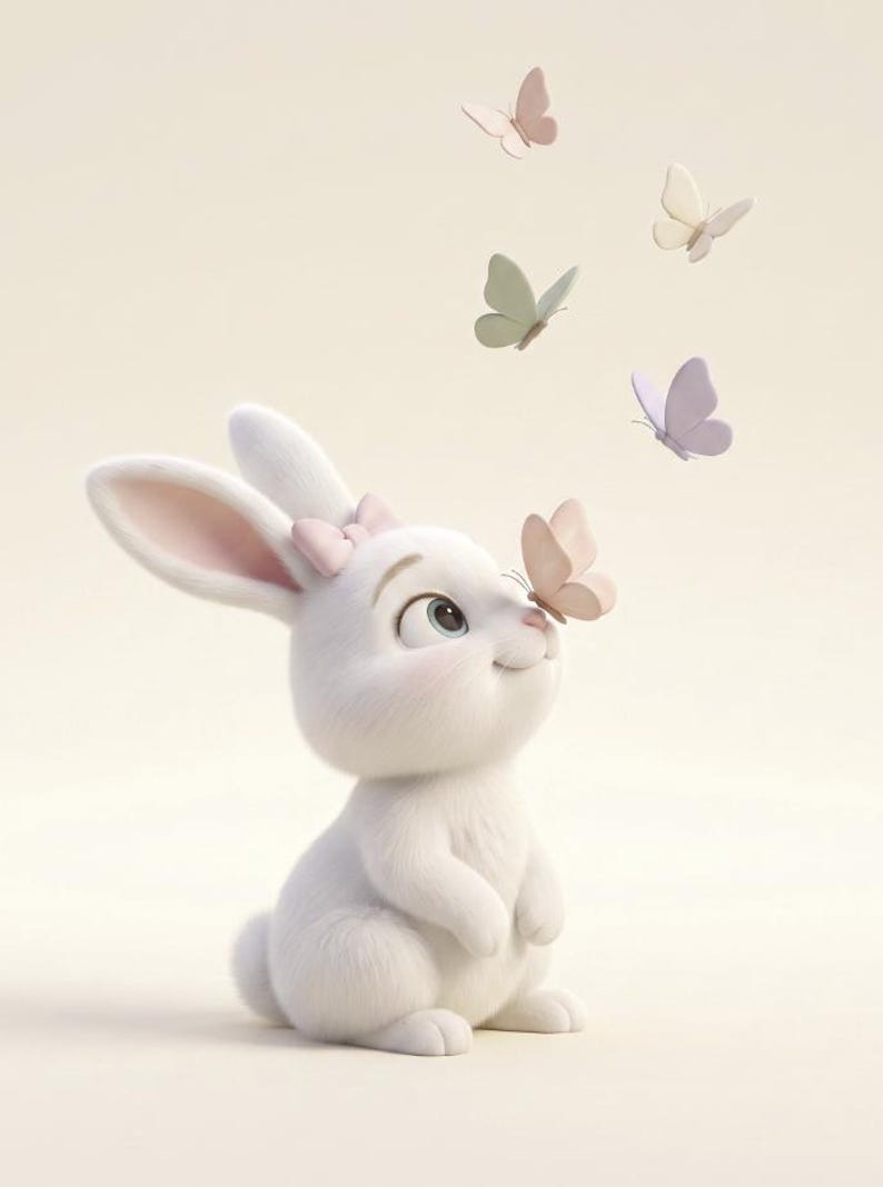 May include: A white rabbit with a small pink bow on its head, looking up at a light pink butterfly perched on its nose. Four additional butterflies in shades of pink, cream, sage green, and lavender are floating in the air above the rabbit.