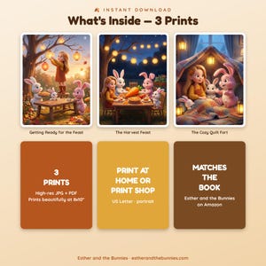 May include: Three digital art prints titled Getting Ready for the Feast, The Harvest Feast, and The Cozy Quilt Fort, featuring a child and rabbits. Includes text: What's Inside - 3 Prints, 3 PRINTS High-res JPG + PDF Prints beautifully at 8x10 inches.