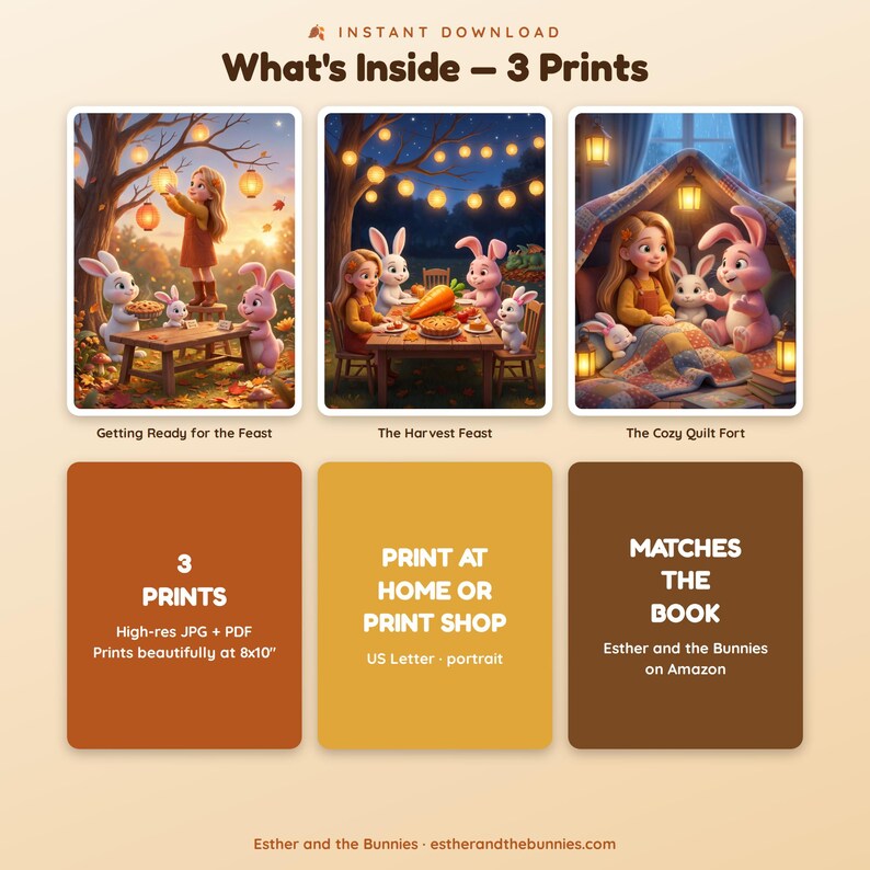 May include: Three digital art prints titled Getting Ready for the Feast, The Harvest Feast, and The Cozy Quilt Fort, featuring a child and rabbits. Includes text: What's Inside - 3 Prints, 3 PRINTS High-res JPG + PDF Prints beautifully at 8x10 inches.